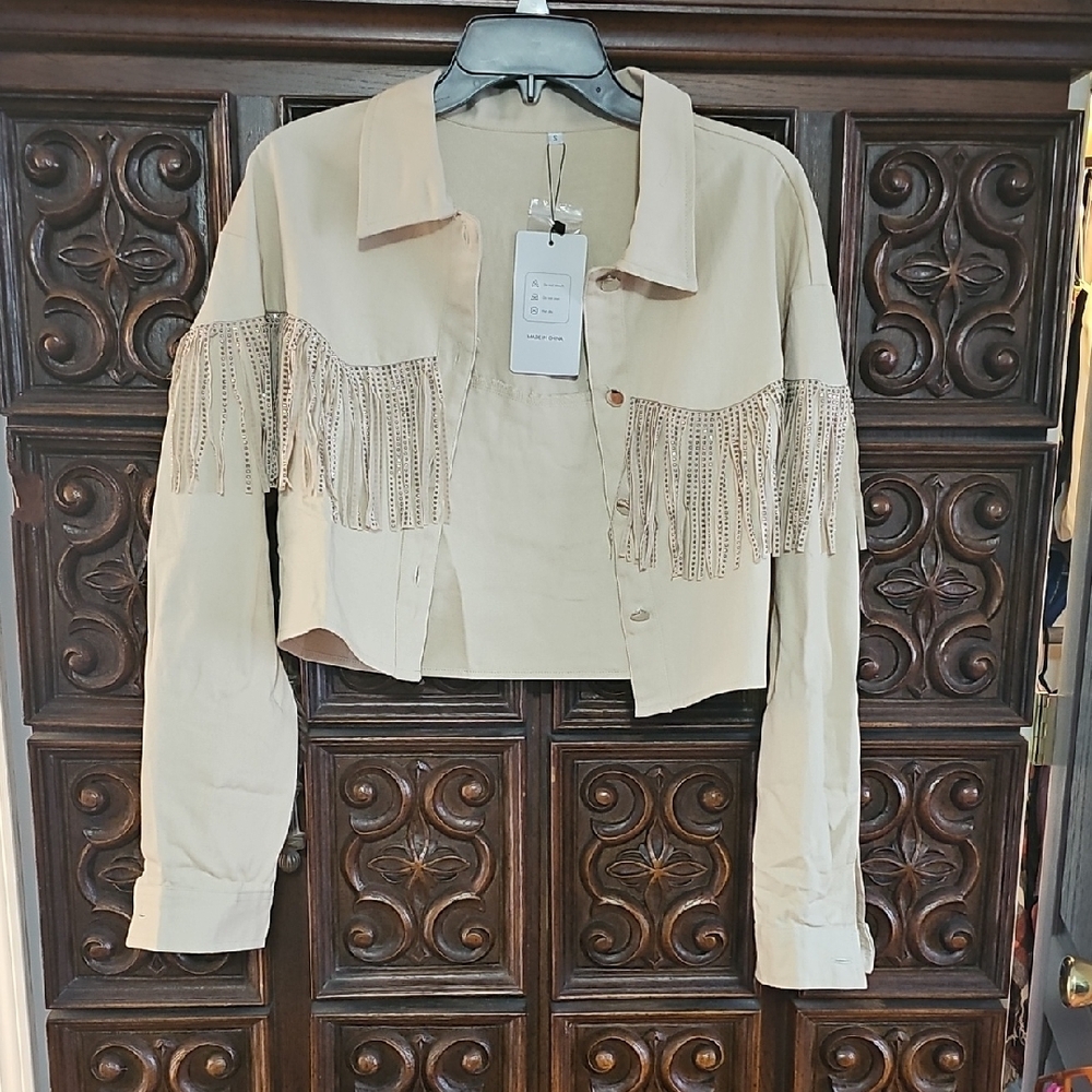 Tan Fringe Cropped Jacket
